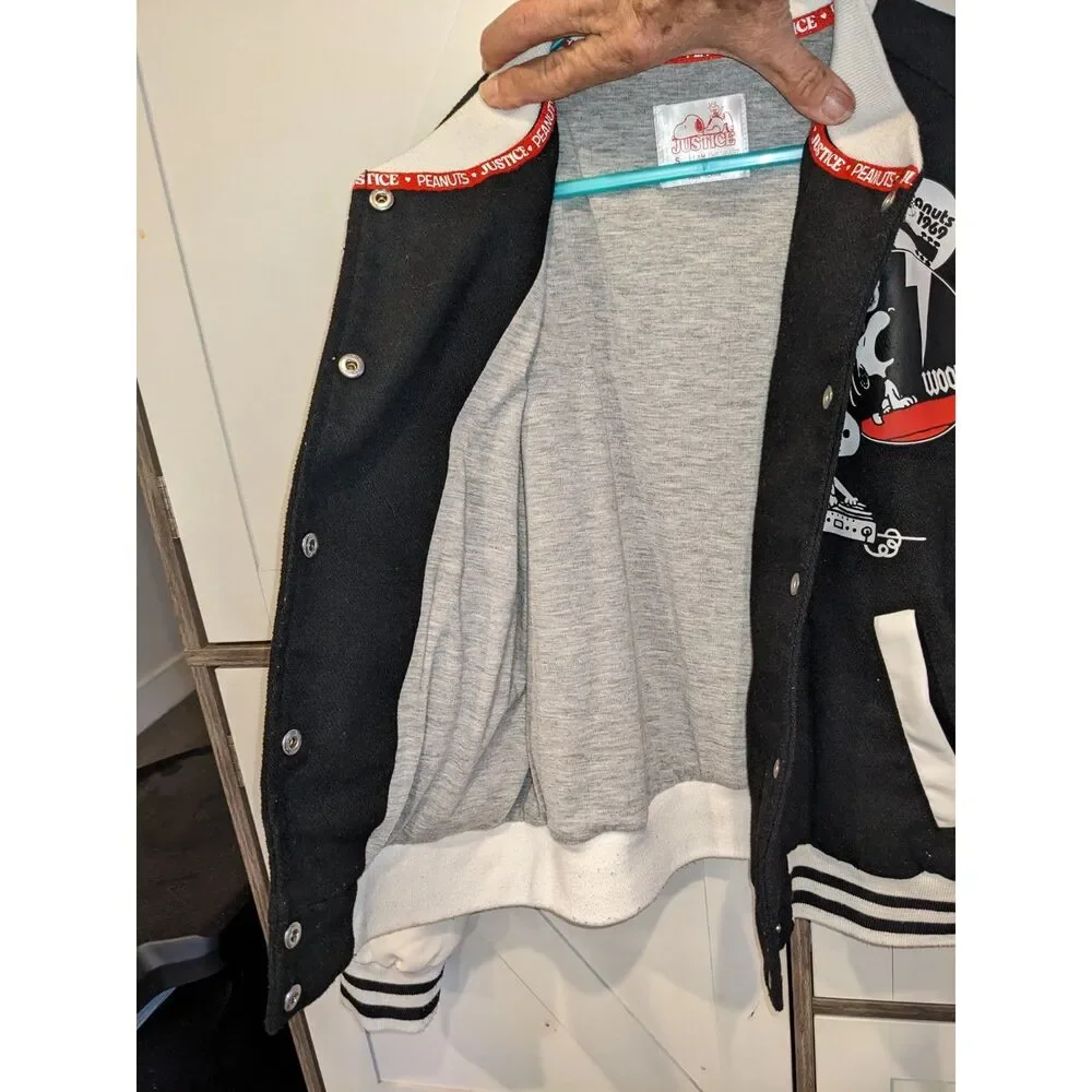 Justice Peanuts And Snoopy Varsity Jacket Girls Size 7/8 Snap Front Rare